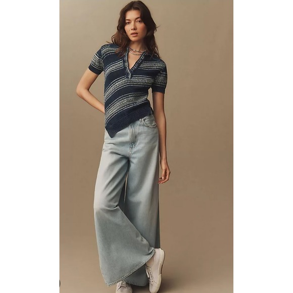 Anthropologie Pilcro Short Sleeve Asymmetrical Polo Sweater Blue Size‎ Large - Picture 3 of 11